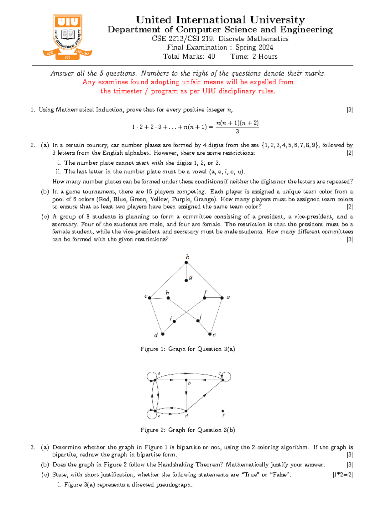 CSE 2213 - Final Exam Questions: Discrete Mathematics Spring 2024 - Studocu