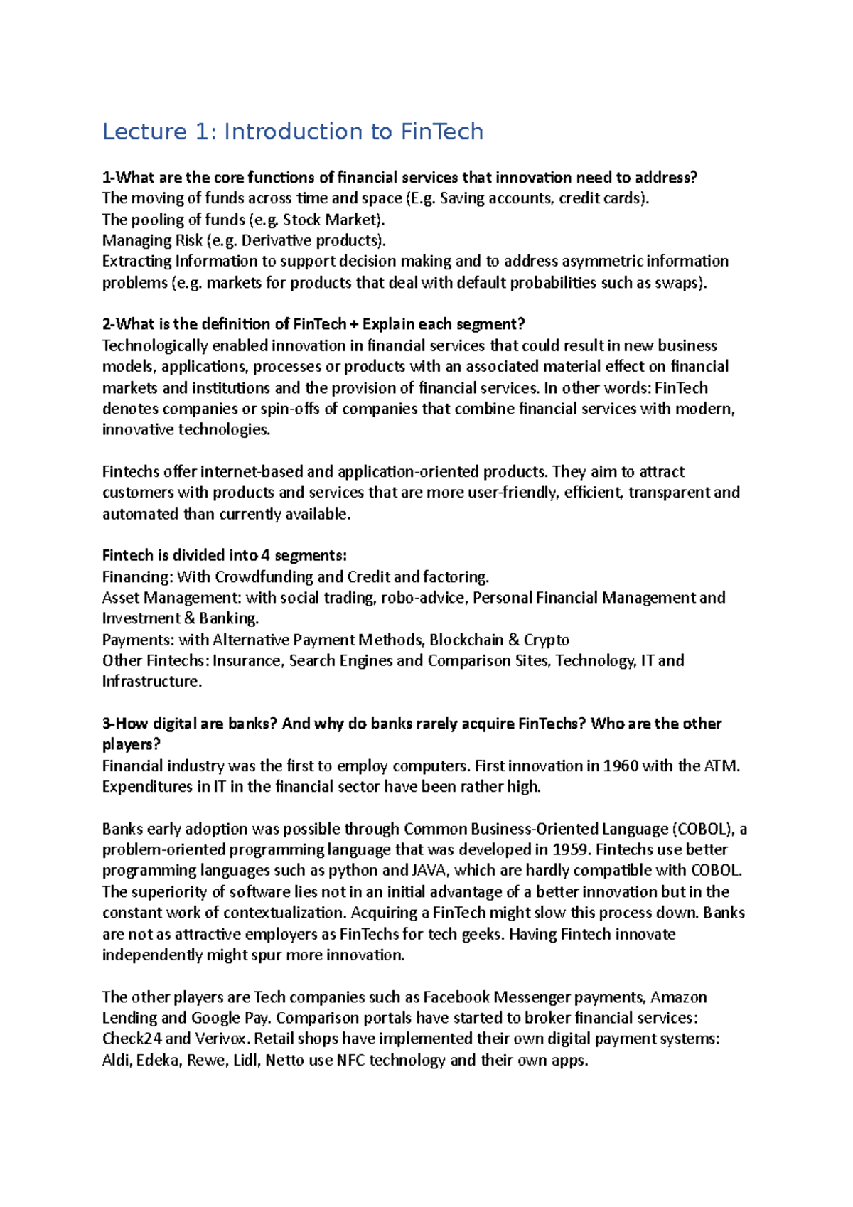 Fin Tech Lecture Notes: Key Concepts, Blockchain, and Payment Systems ...