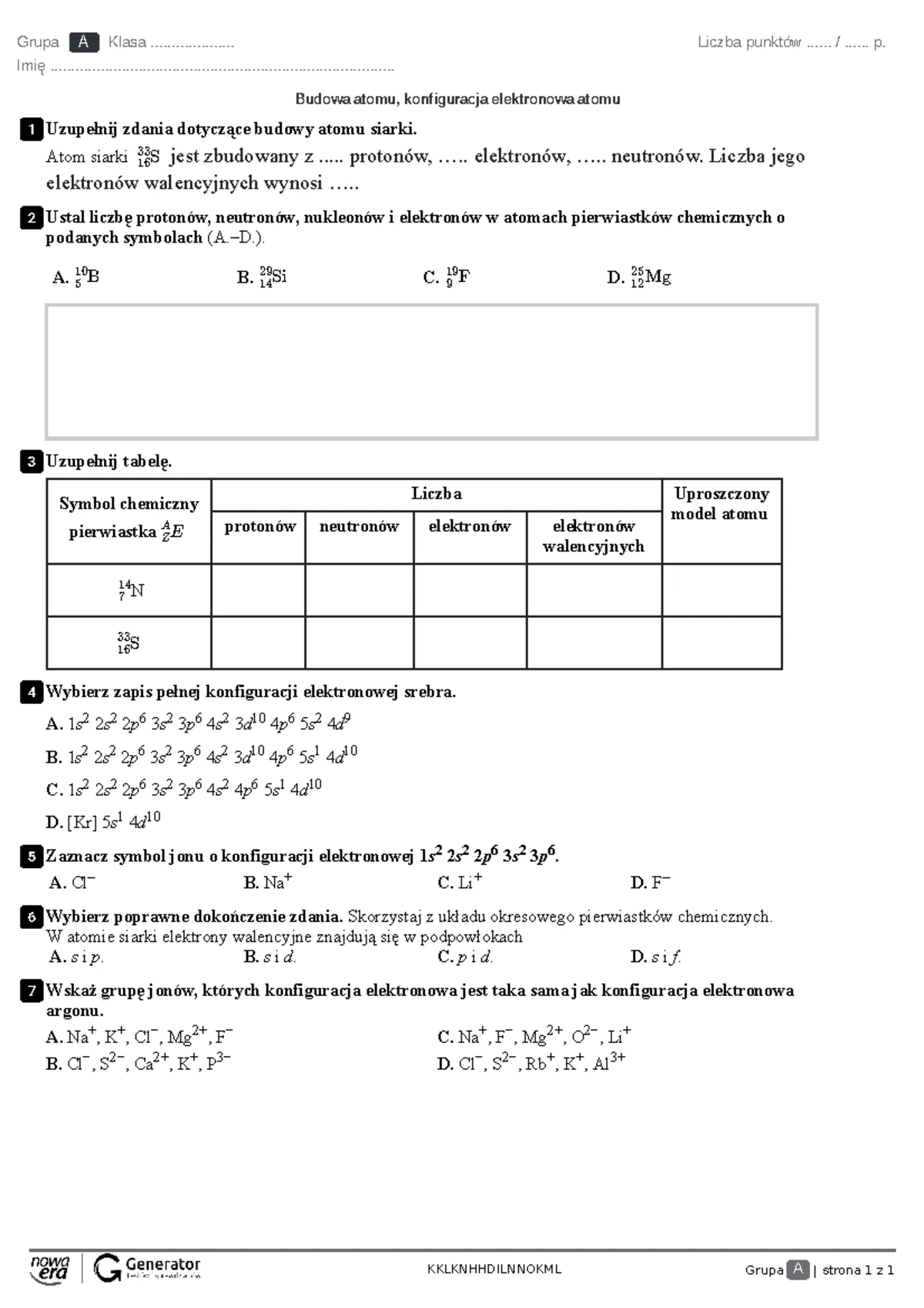 Kartkówka – wiązania chemiczne Test (z widoczną punktacją) - CNC10NLP