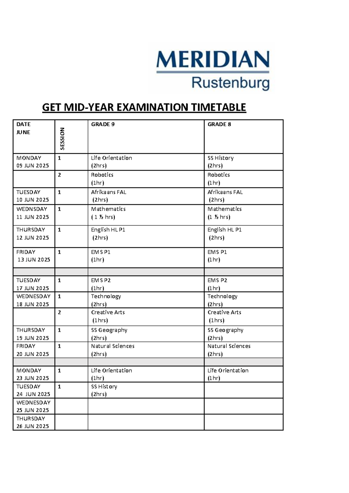 Midyear Examination Timetable 2025 for Grades 8 & 9 - Studocu