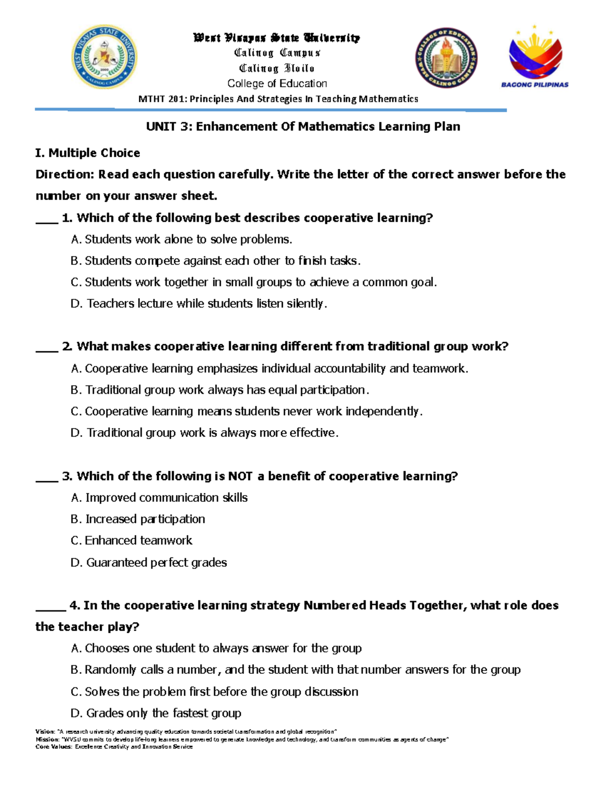 MTHT 201: Principles & Strategies in Teaching Math - Unit 3 Review ...