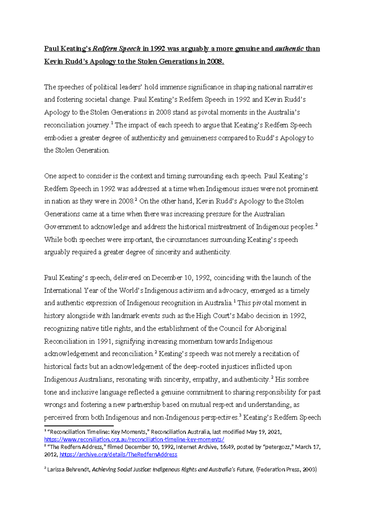 INDG1105 - Final Essay: Comparing Redfern Speech and Kevin's Apology ...