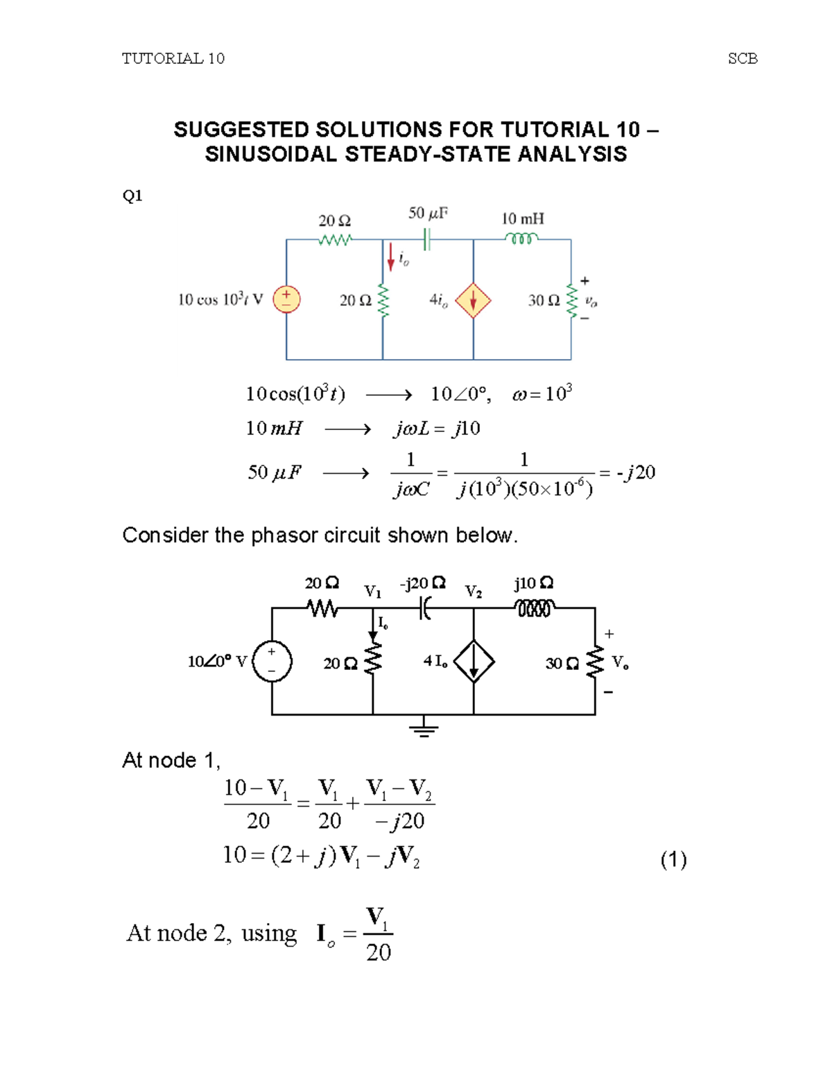 EE2001 Tutorial 10 Suggested Solutions: Sinusoidal Analysis - Studocu