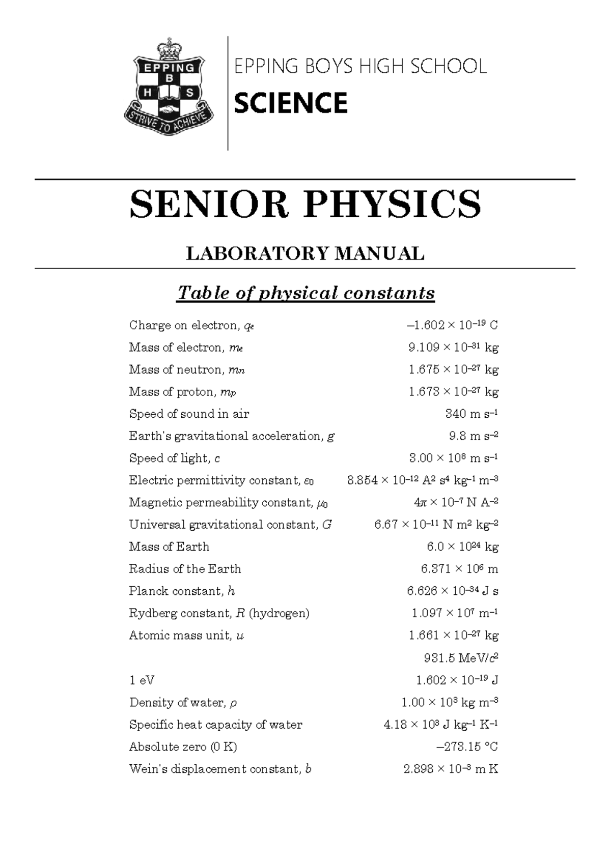 EPPING BOYS HIGH SCHOOL SENIOR PHYSICS LAB MANUAL 2022 - Studocu