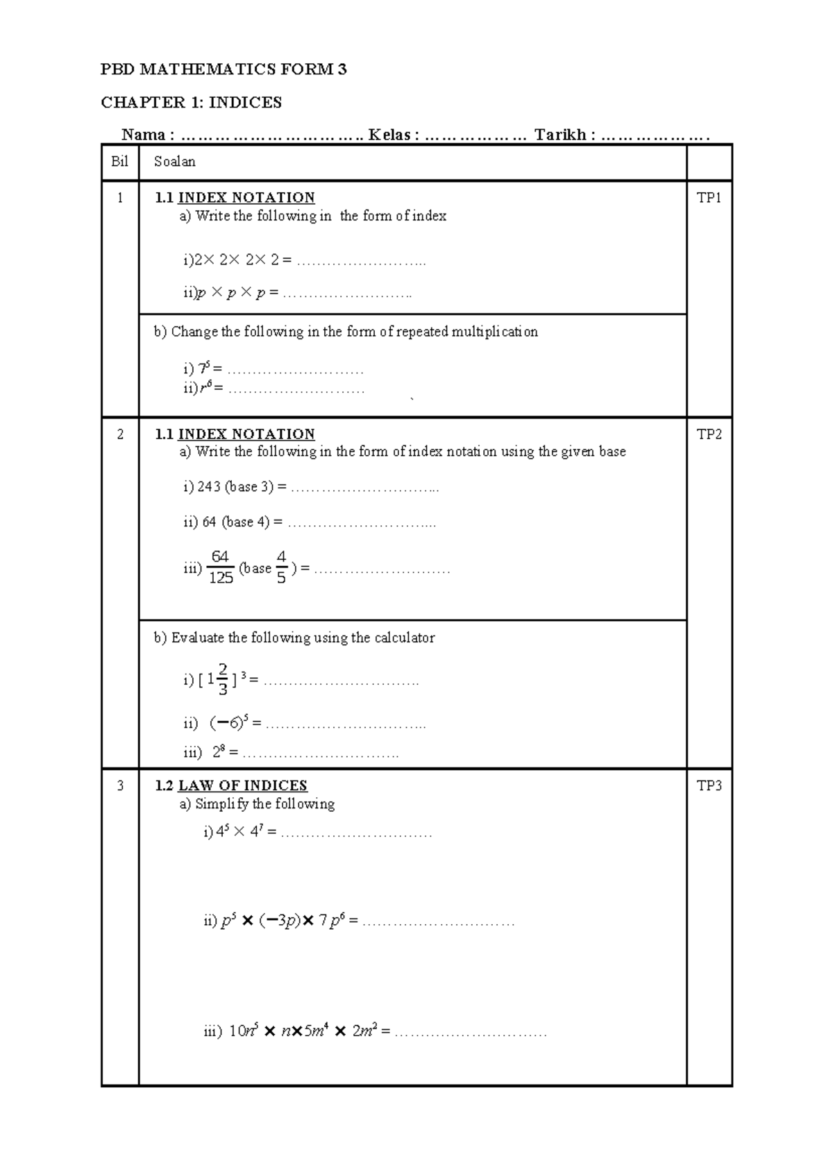 PBD MATHEMATICS T3 CHAPTER 1: INDICES & LAW OF INDICES - Studocu