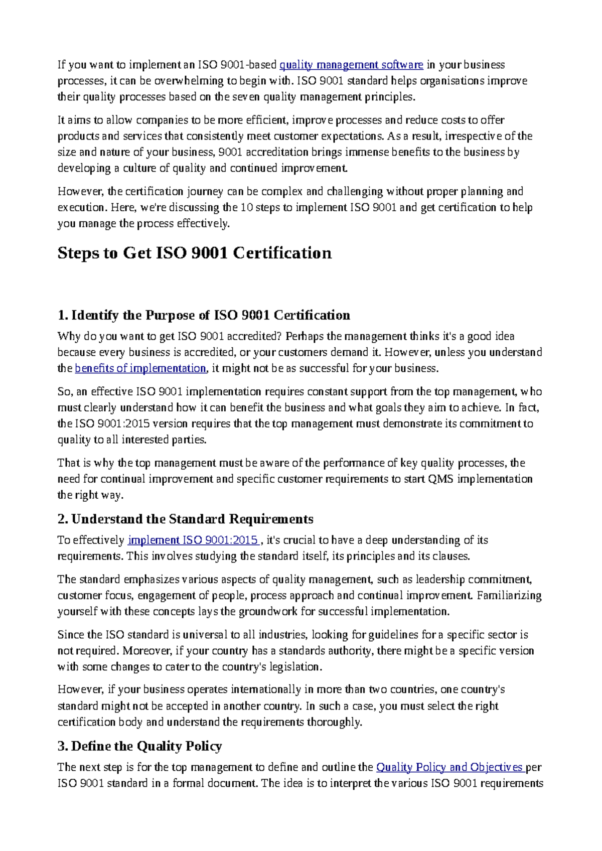 ISO 9001:2015 Implementation Guide - 10 Steps to Certification - Studocu