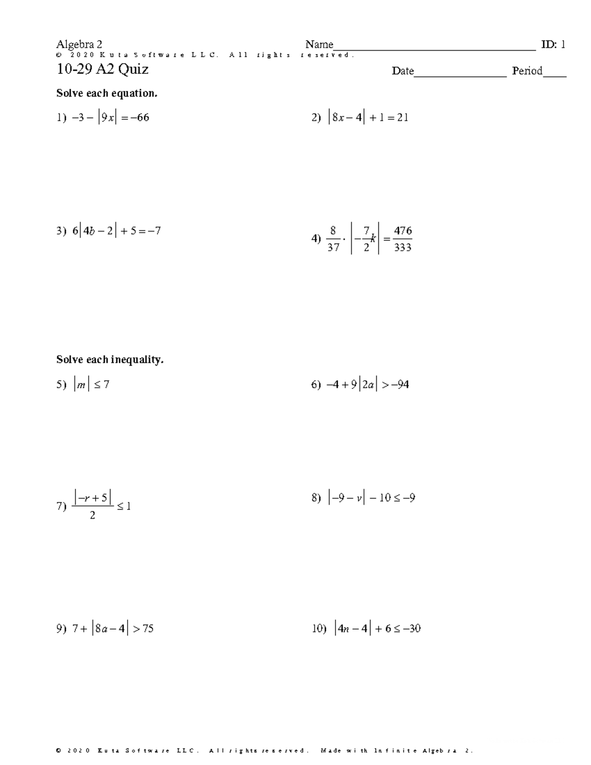 Algebra 2 A2 Quiz: Solve Equations and Inequalities - Studocu