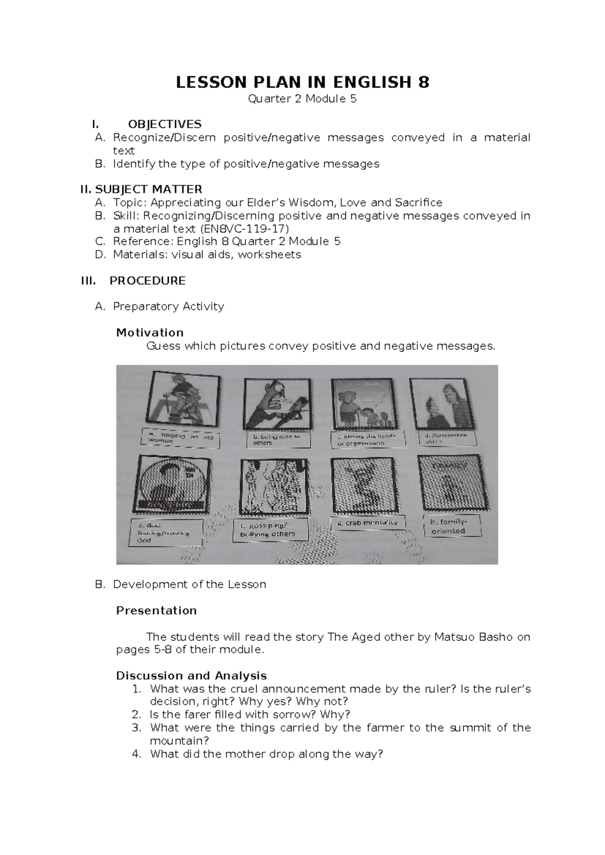 English 8 Lesson Plan: Appreciating Wisdom & Messages in Texts - Studocu
