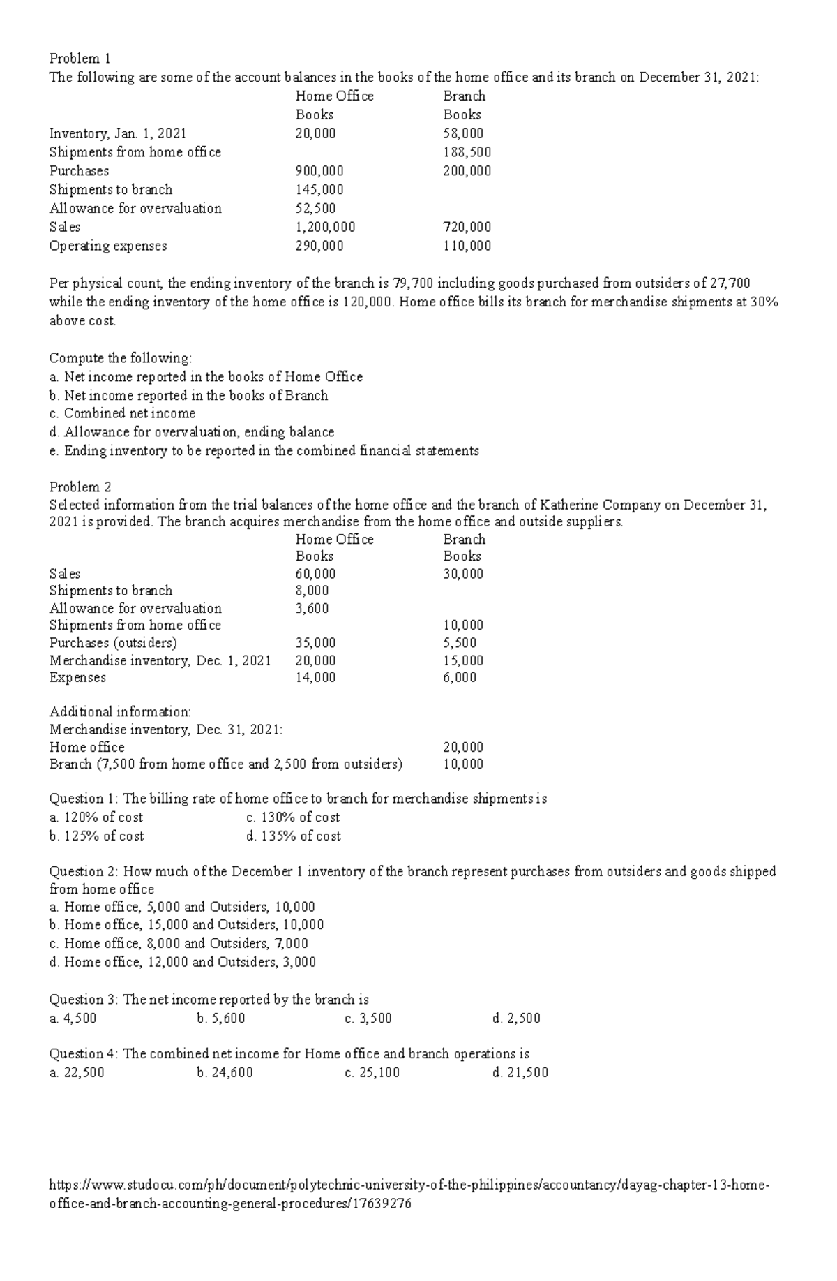 Home Office and Branch Accounting Practice Material (ACCT 101) - Studocu