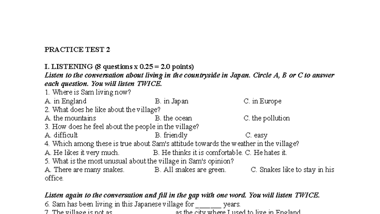 Practice Test 2: Listening & Language Focus Exercises - Studocu