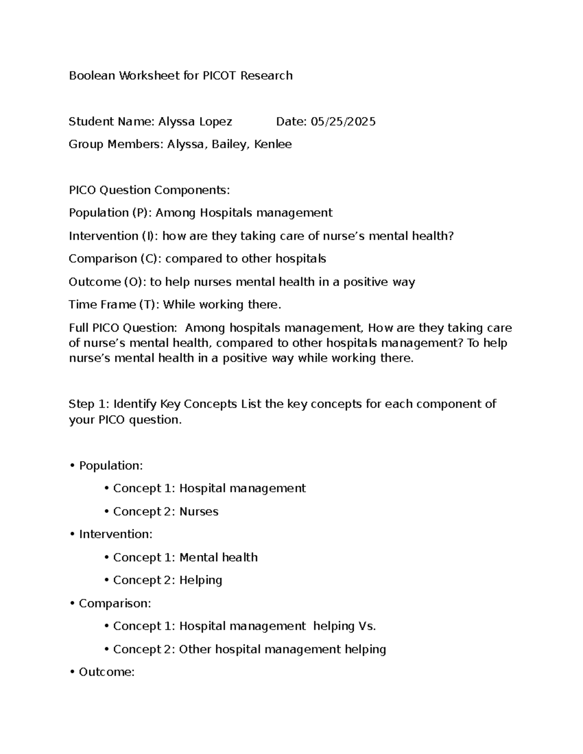 Boolean Worksheet for PICOT Research: Mental Health in Nursing - Studocu