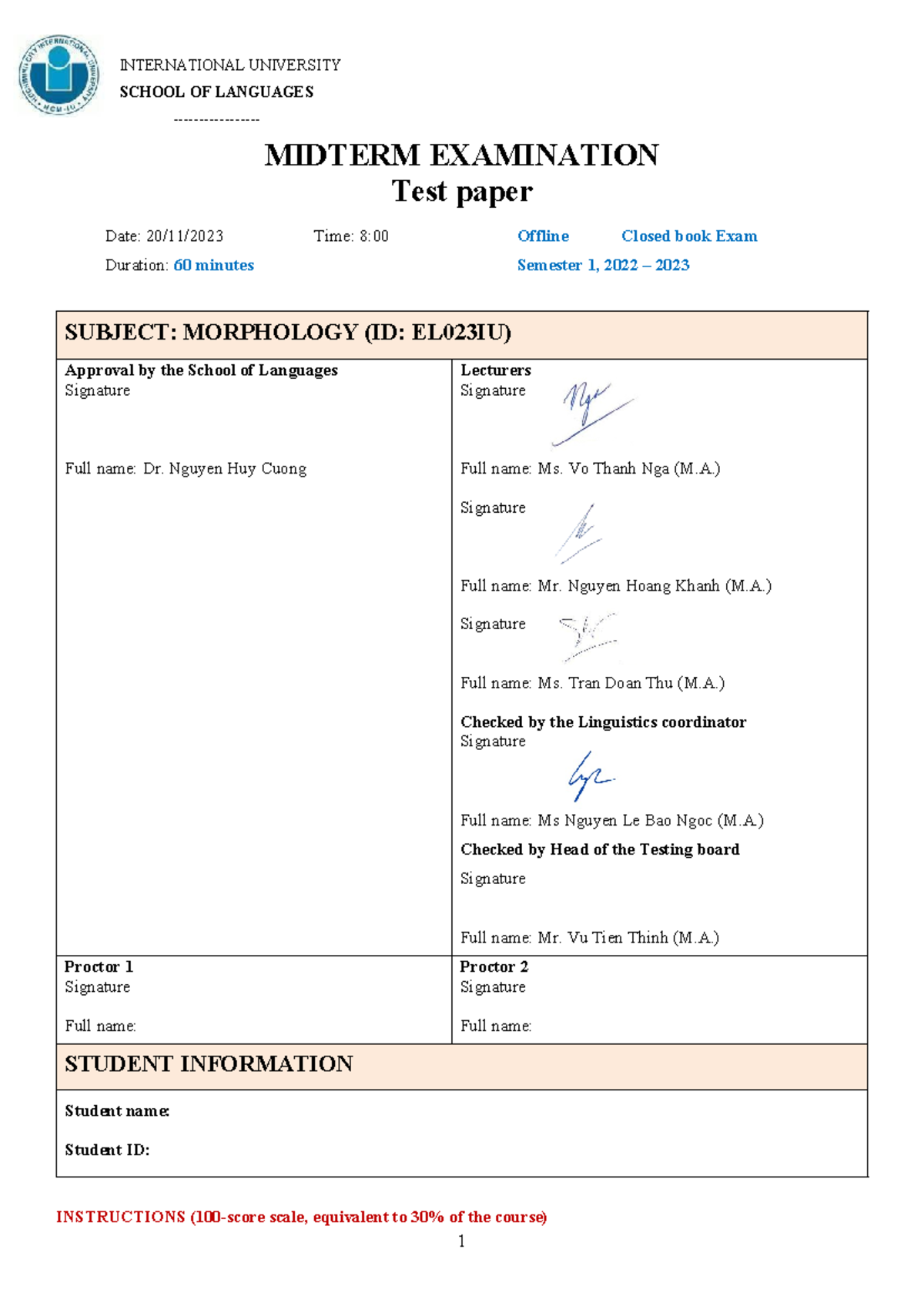 Morphology Midterm Test template - INTERNATIONAL UNIVERSITY SCHOOL OF ...