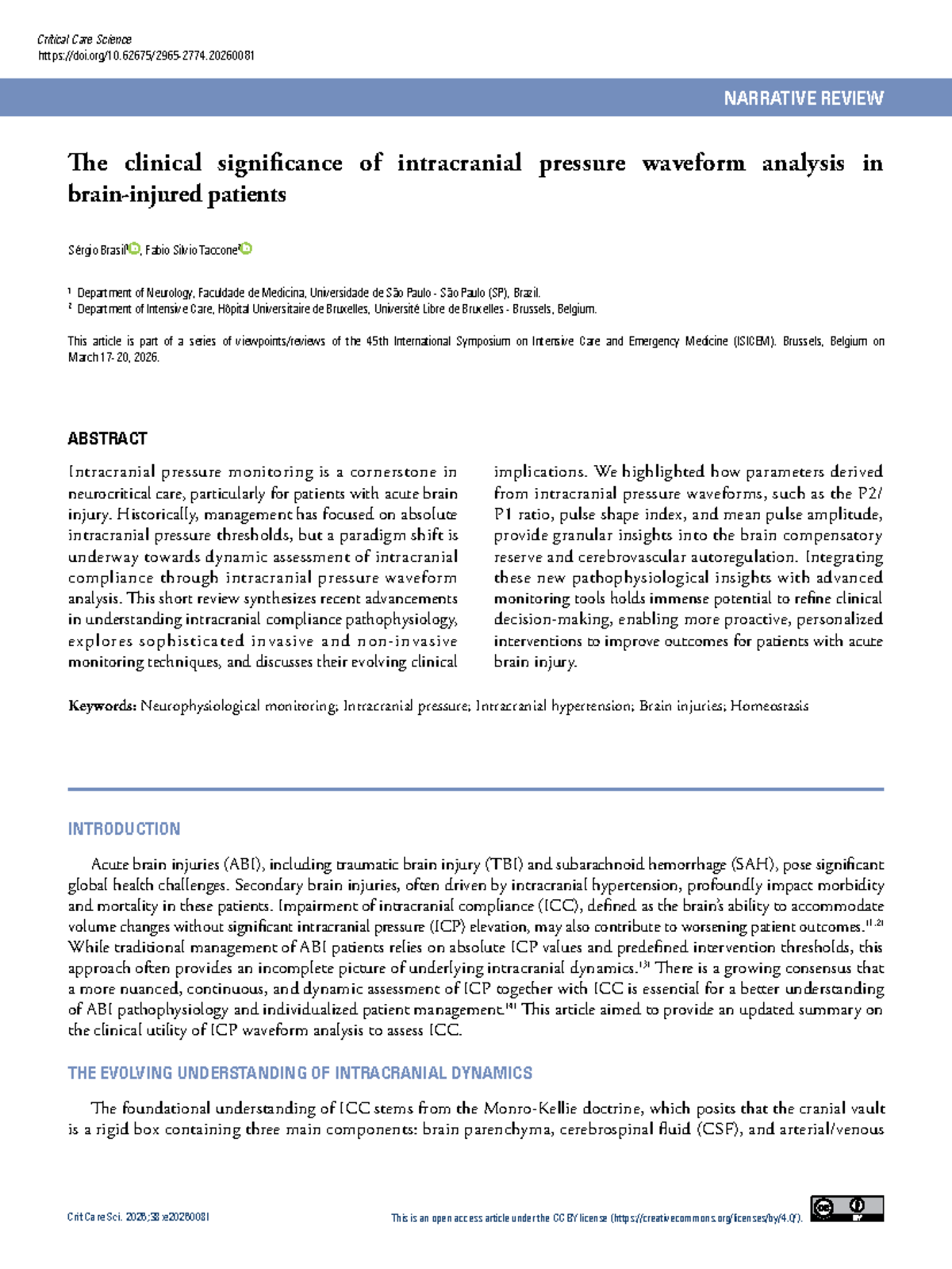 Critical Care Sci: Intracranial Pressure Waveform Analysis Review - Studocu