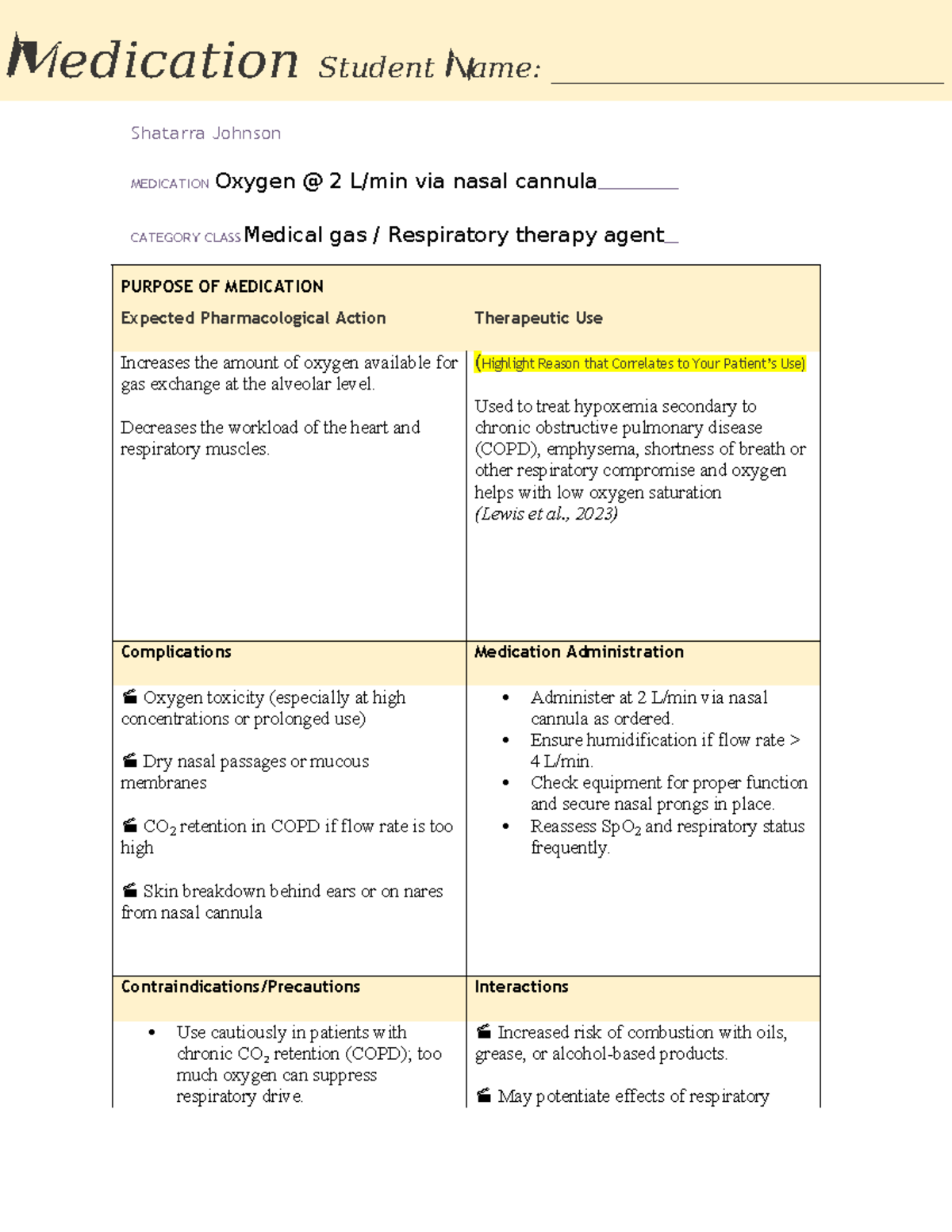 Medication Sheet: Oxygen Therapy (MED 101) for Respiratory Care - Studocu