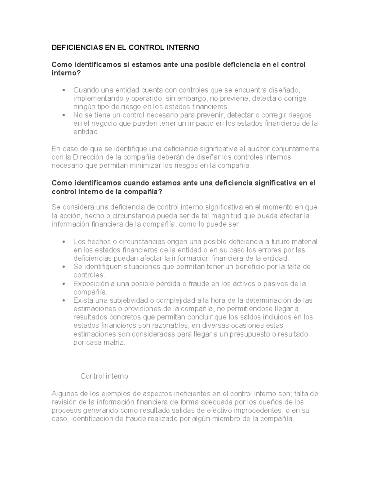 Deficiencias en el Control Interno: Identificación y Soluciones - Studocu