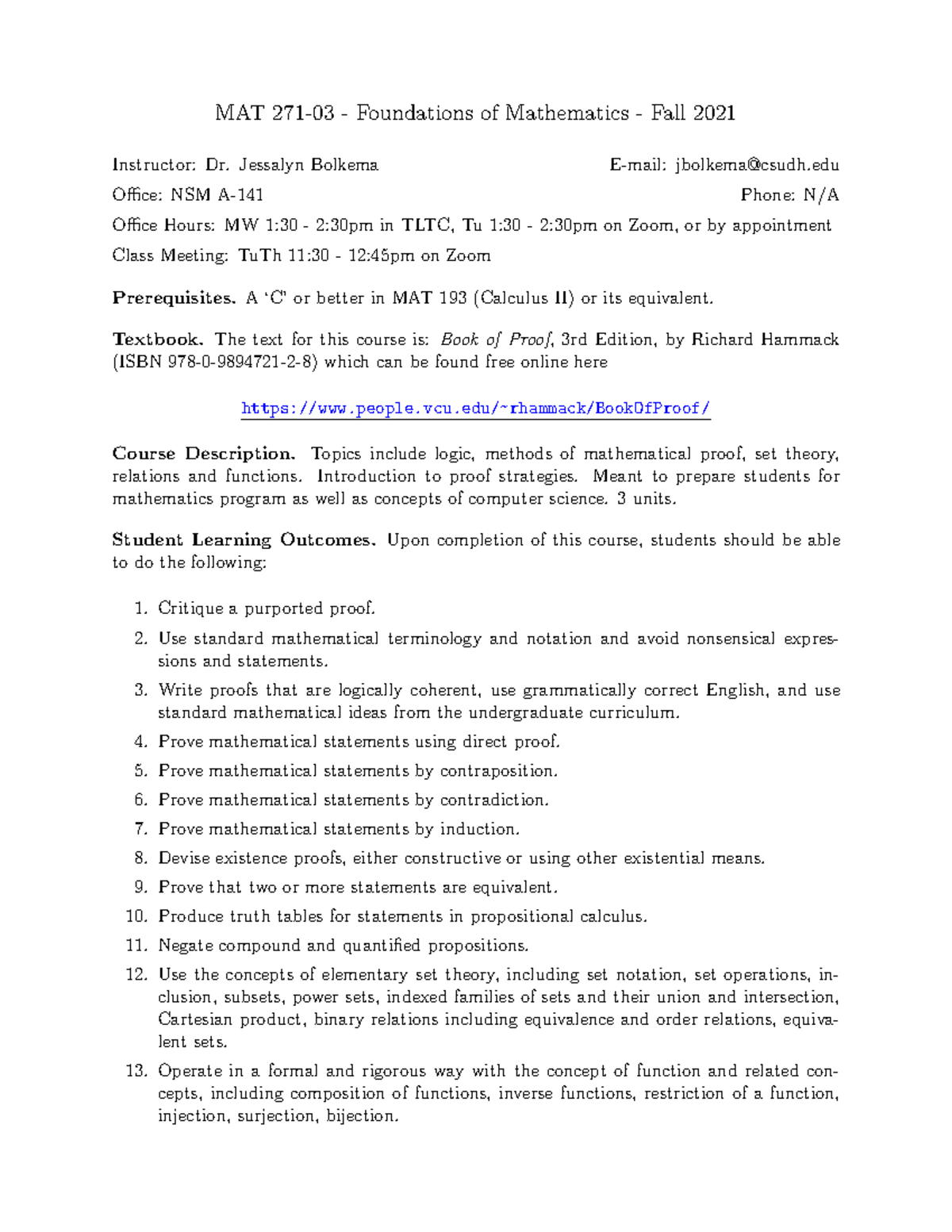 MATH 271 Syllabus - MAT 271-03 - Foundations of Mathematics - Fall 2021 ...