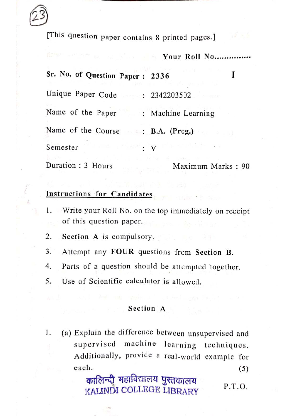 Machine Learning PYQ for B.A. (Prog.) Semester V Exam - Studocu