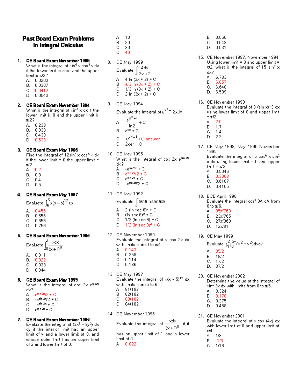 Past Board Exam Problems in Integral Calculus (CE) - Studocu