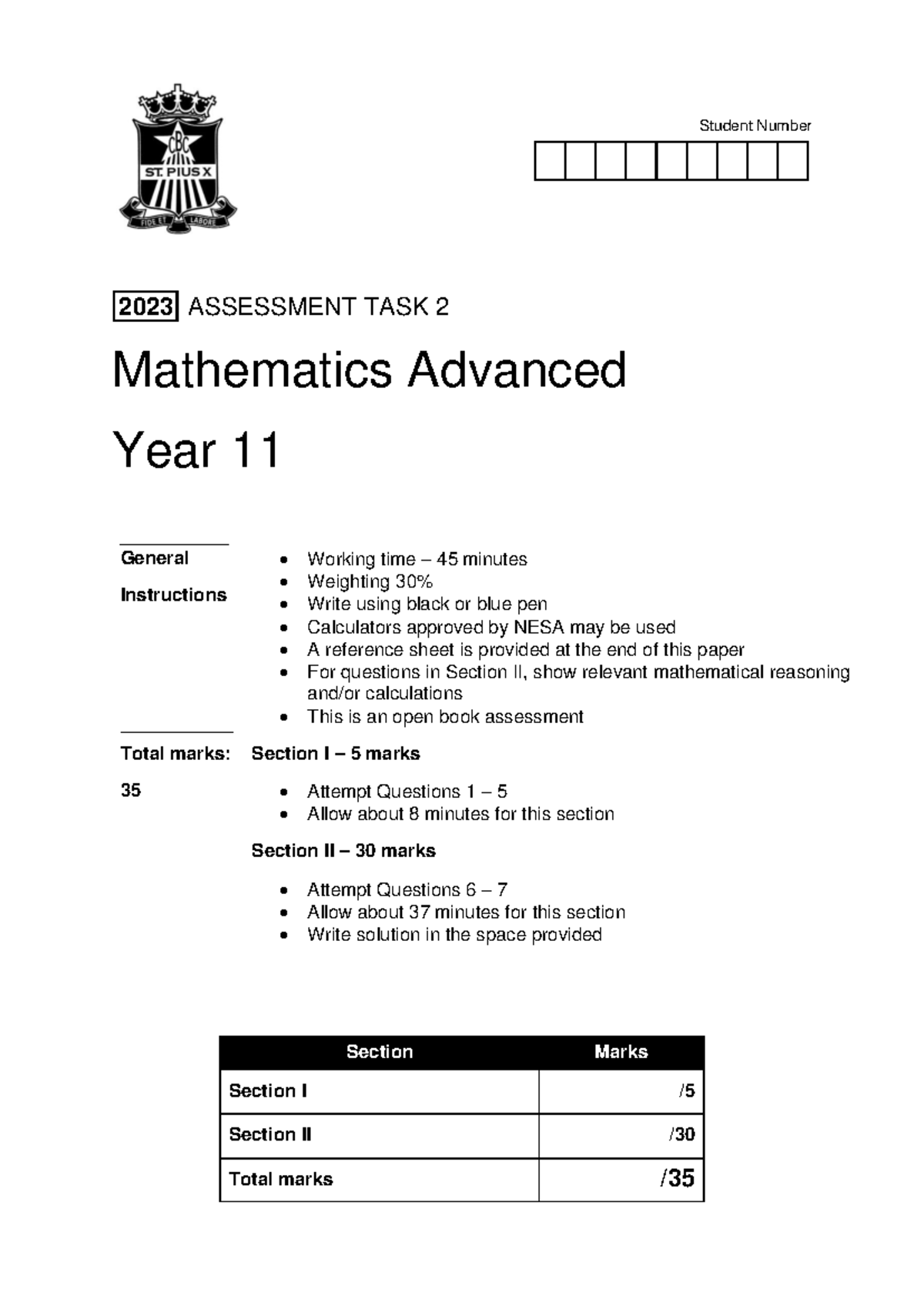 Yr11 Adv T2 2023 - Mathematics Advanced Assessment Paper - Studocu