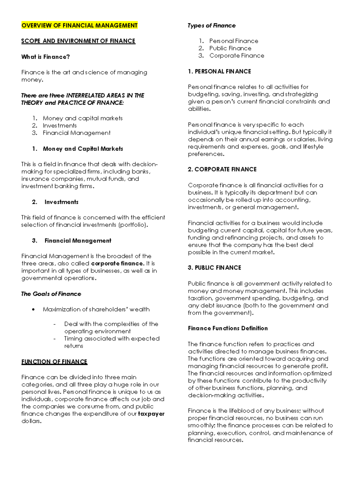 FINMAN 101: Overview of Financial Management and Its Environment - Studocu