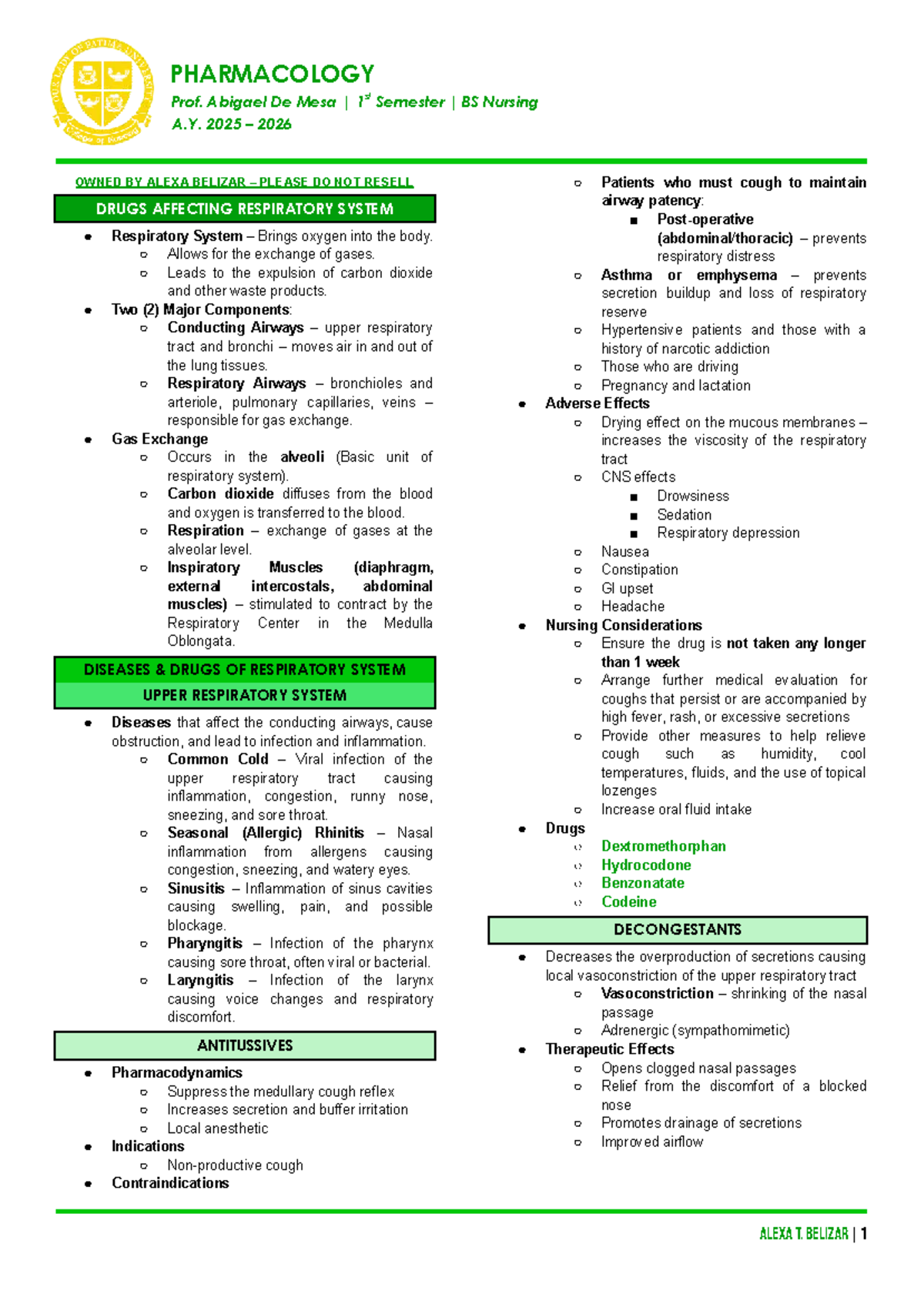 NCMA216 - Pharmacology Final Exam Notes for BS Nursing 2025-2026 - Studocu