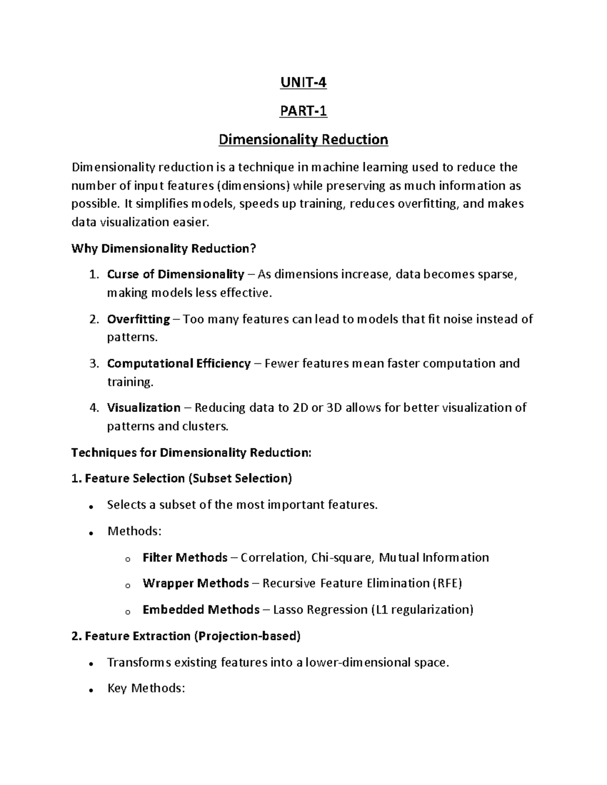 UNIT-4 Lecture Notes on Dimensionality Reduction in ML - Studocu