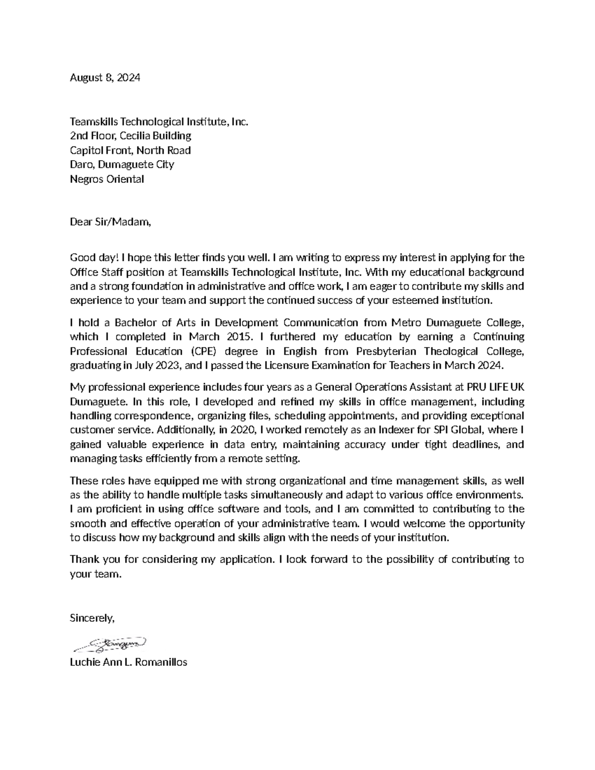 Application- Letter- Office- Staff - August 8, 2024 Teamskills ...