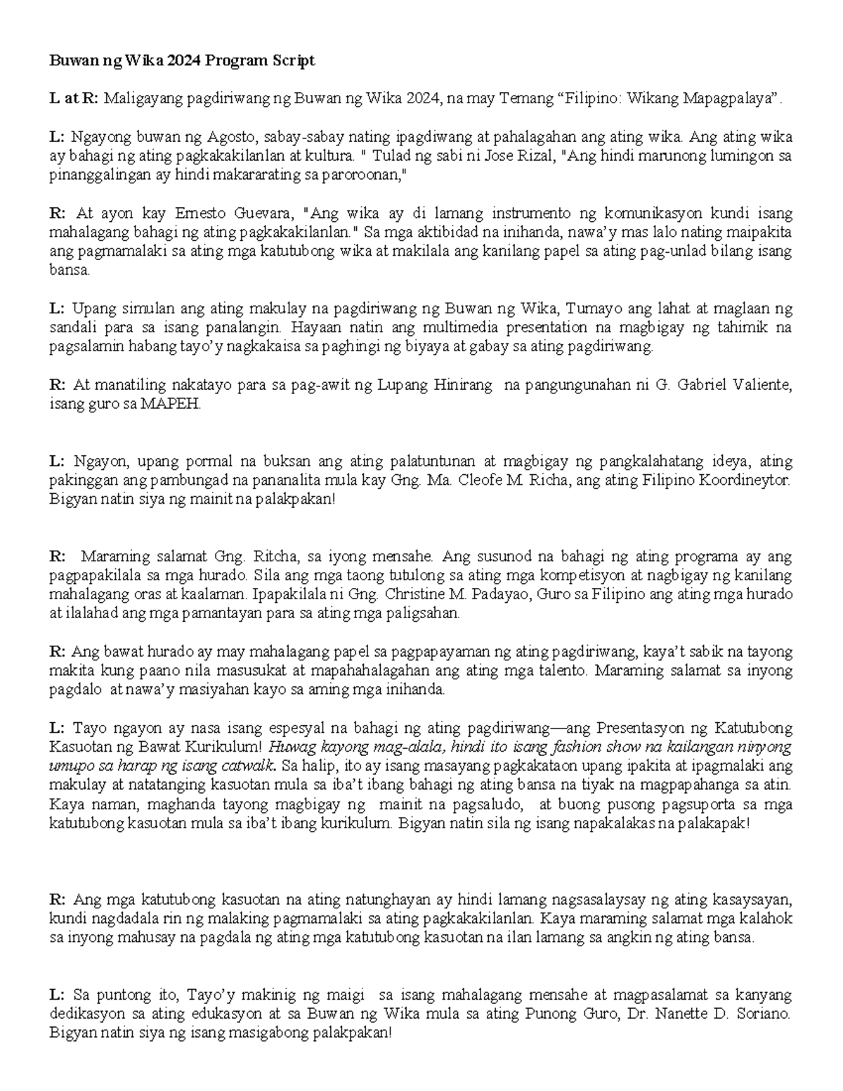 Buwan ng Wika 2024: Program Script para sa Pagdiriwang - Studocu