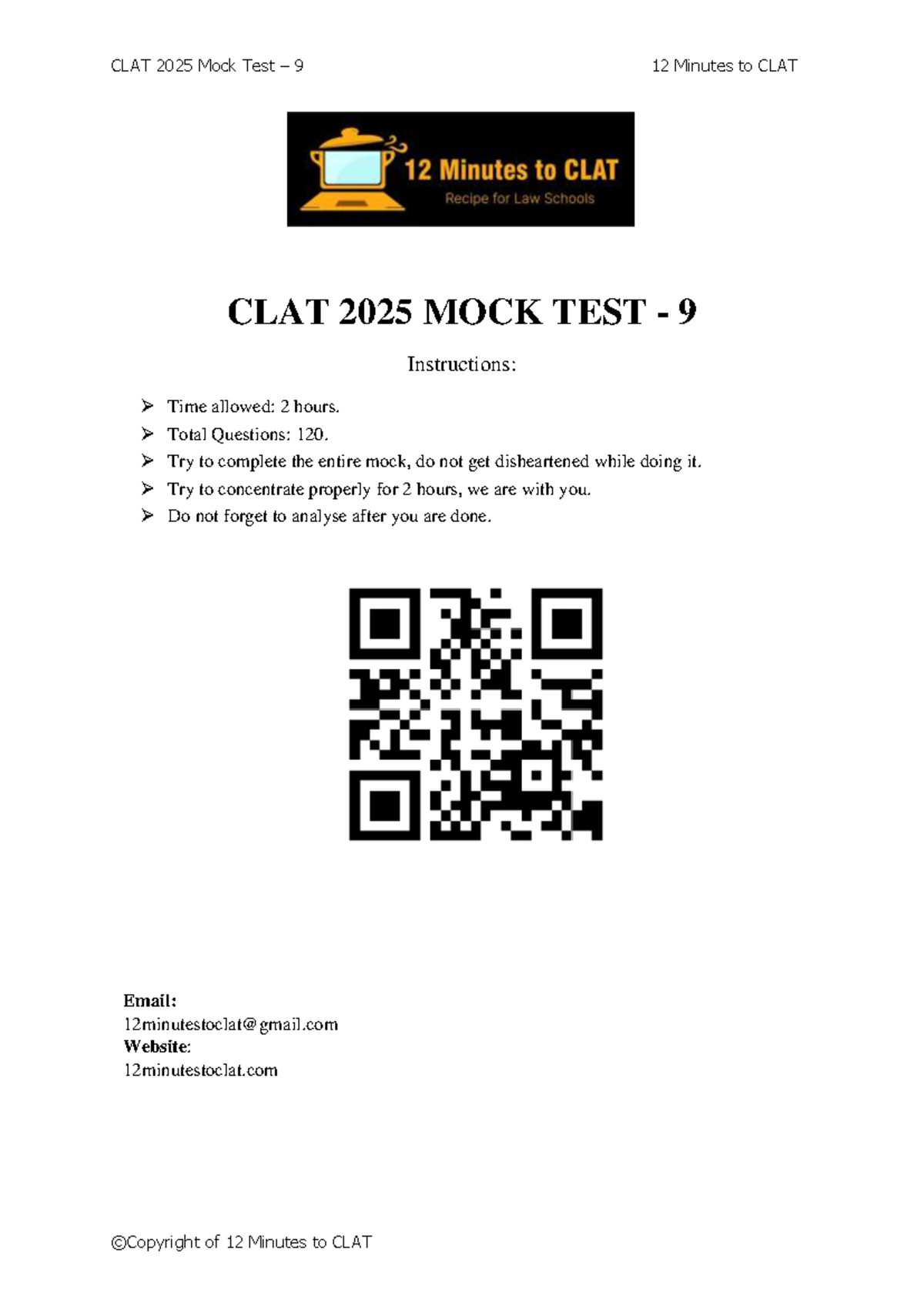 CLAT 2025 Mock Test 9 - 12 Minutes to CLAT Preparation - Studocu