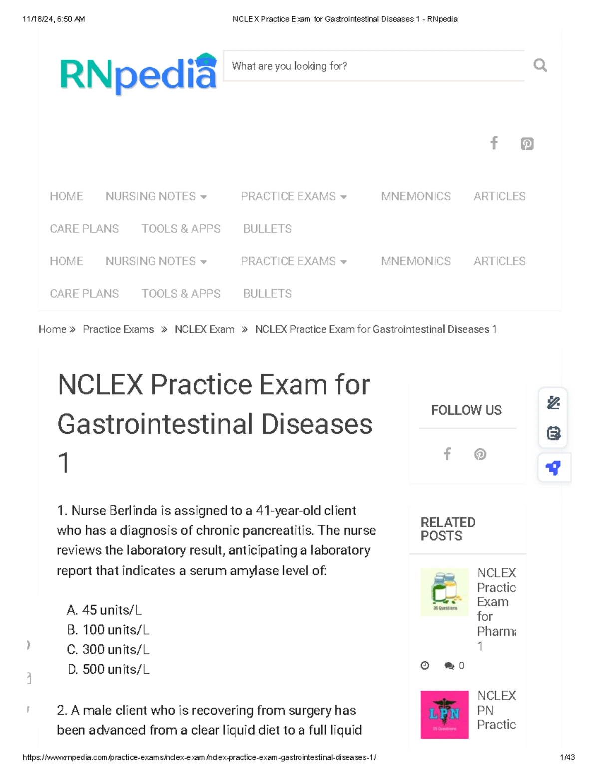 Gastrointestinal System Disorders NCLEX Challenge Exam Quiz #2 (50 Qs ...
