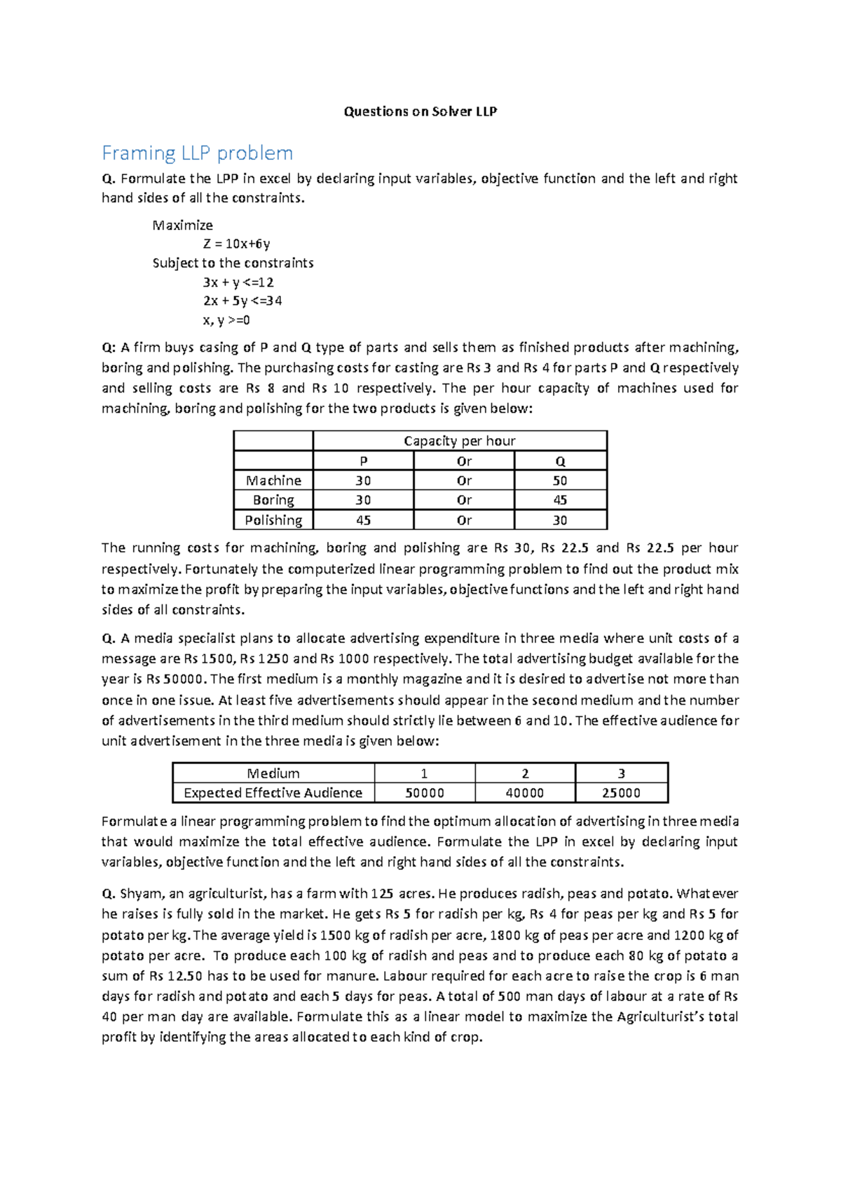 LPP Formulation & Graphical Analysis: Solver LLP Questions - Studocu