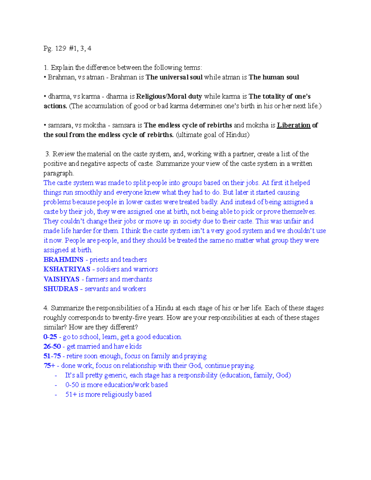 Hinduism Chapter Review A: Key Concepts and Caste System Analysis - Studocu