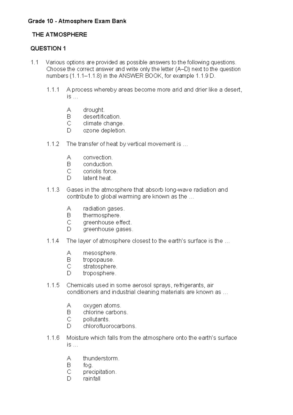 Grade 10 Atmosphere Exam Bank - Q&A Guide - Studocu