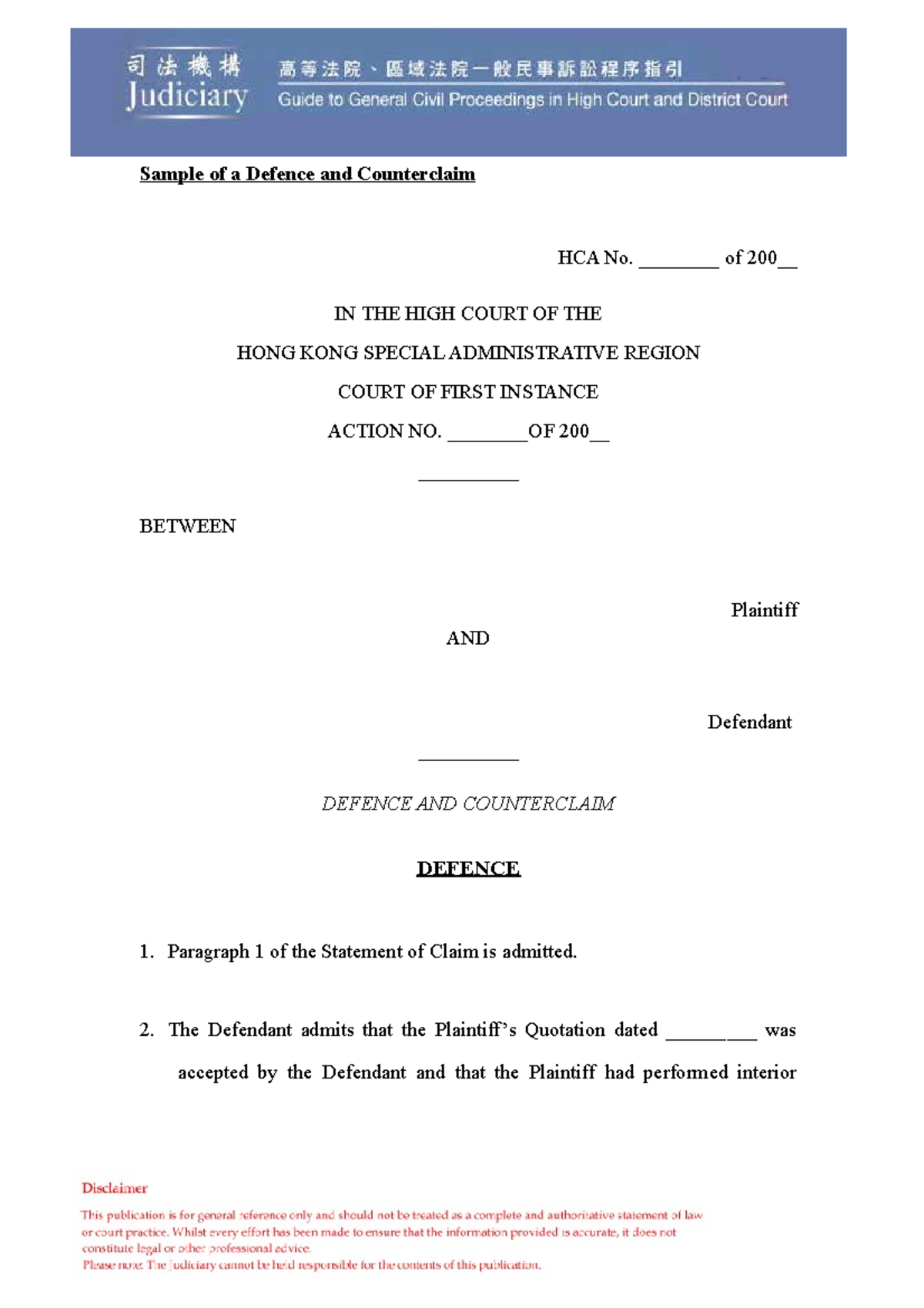 5 Sample Of A Defence And Counterclaim clean 19032009 - Sample of a ...