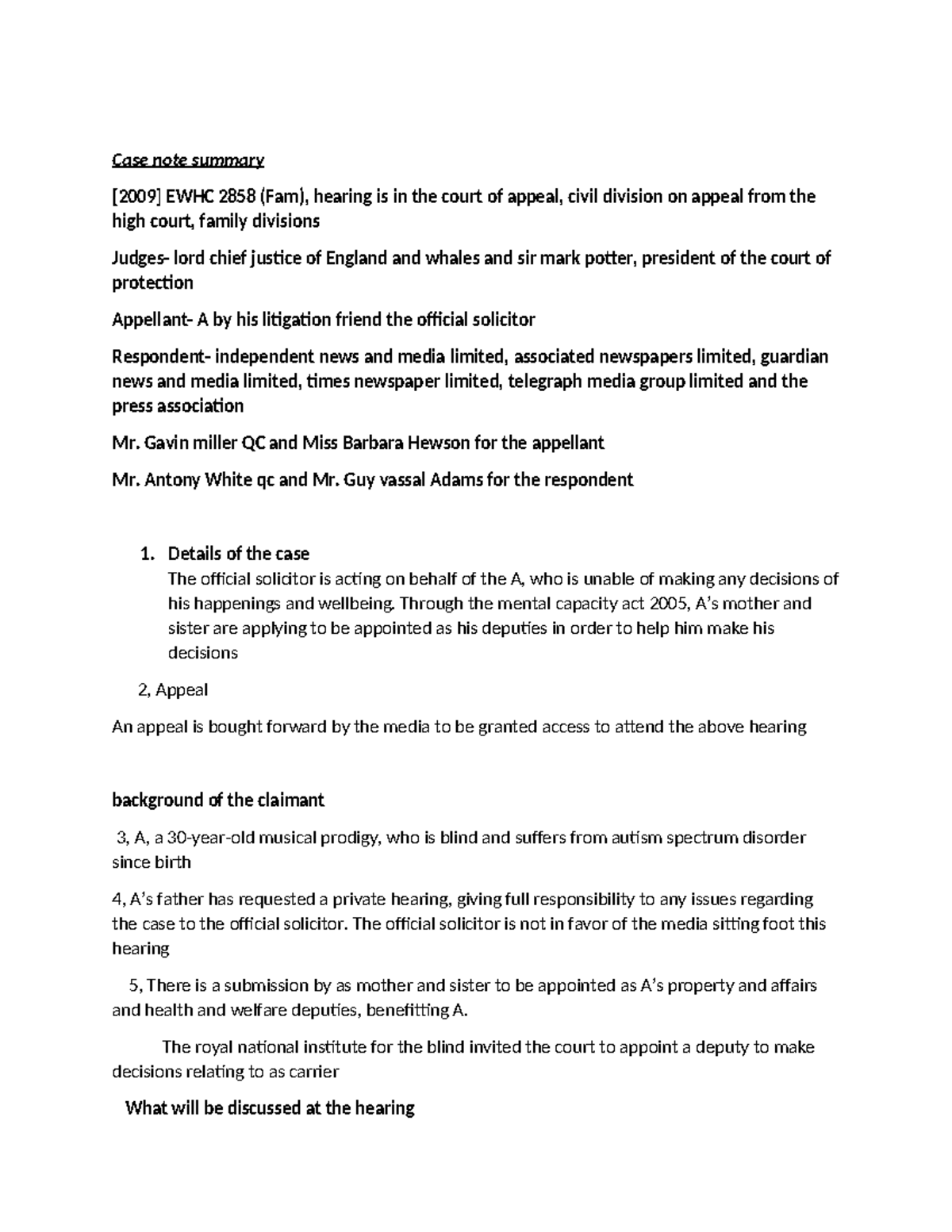 Case note final exam - case note, notes - Case note summary [2009] EWHC ...