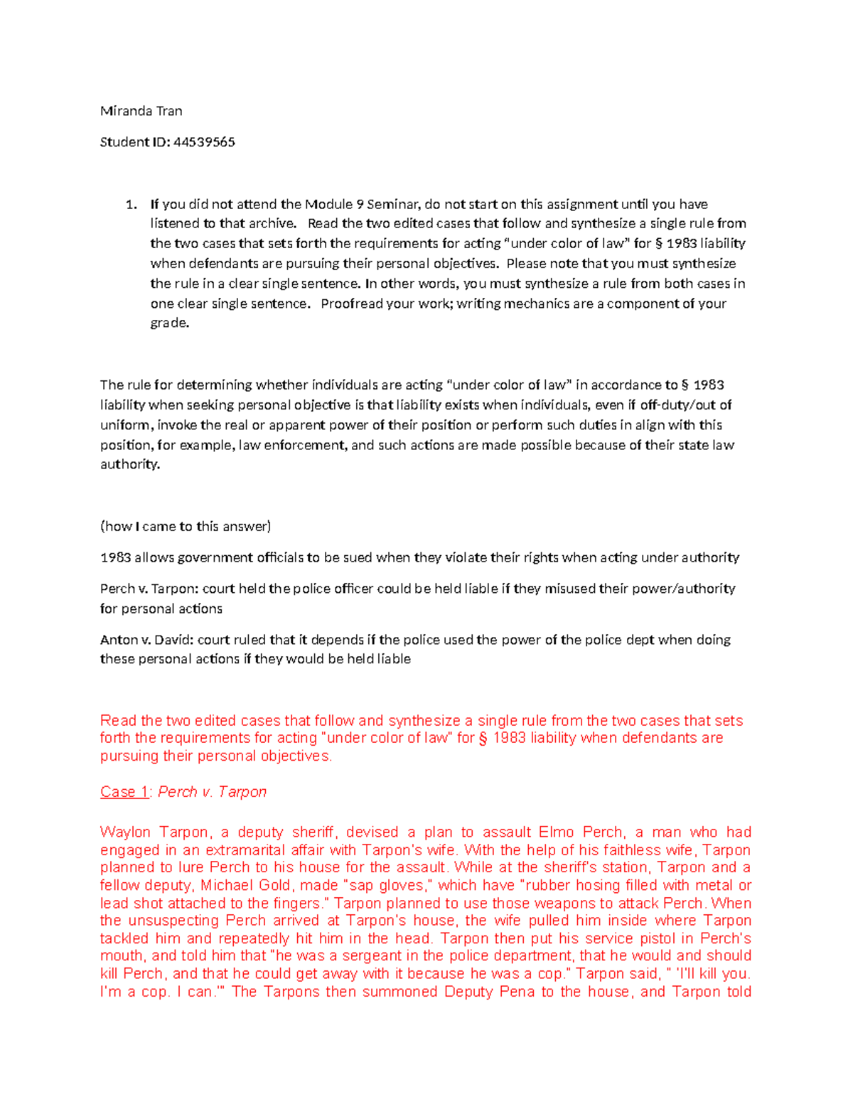 ILA II Module 9 Case Analysis: 1983 Liability Synthesis - Studocu