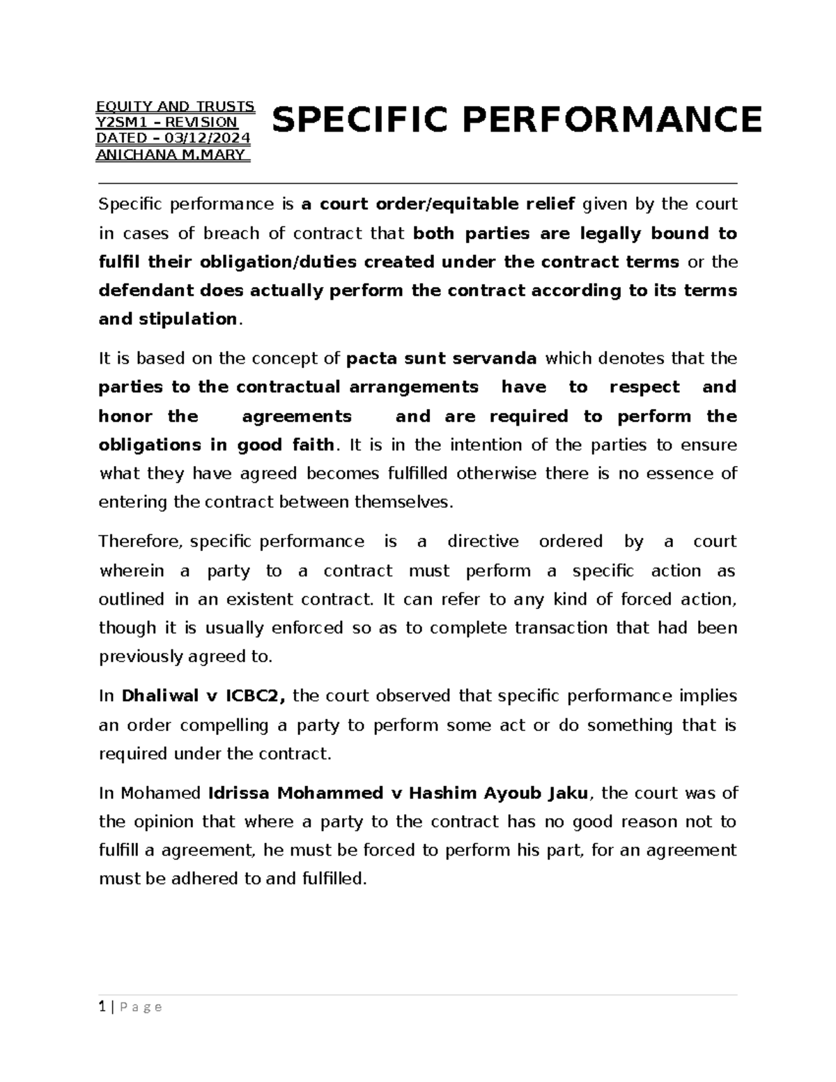 Specific Performance - THIS IS MY PERSONAL RESEARCH - EQUITY AND TRUSTS ...