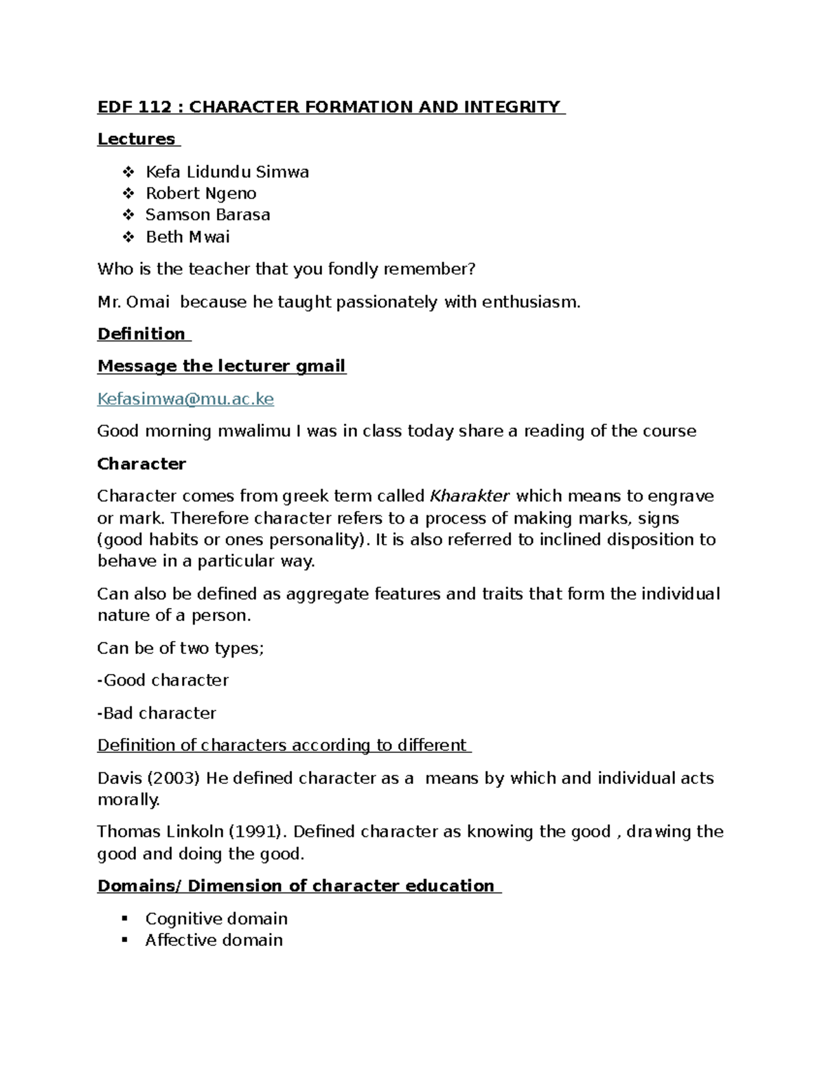 EDF 112: Character Formation and Integrity Lecture Notes - Studocu