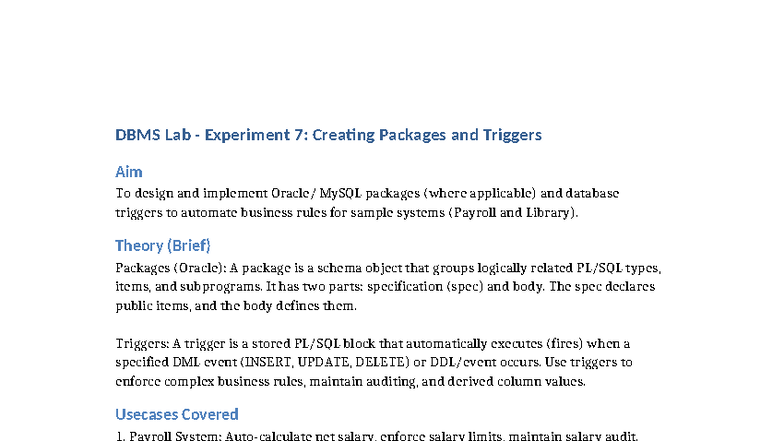 DBMS Lab Experiment 7: MySQL Packages & Triggers Implementation - Studocu