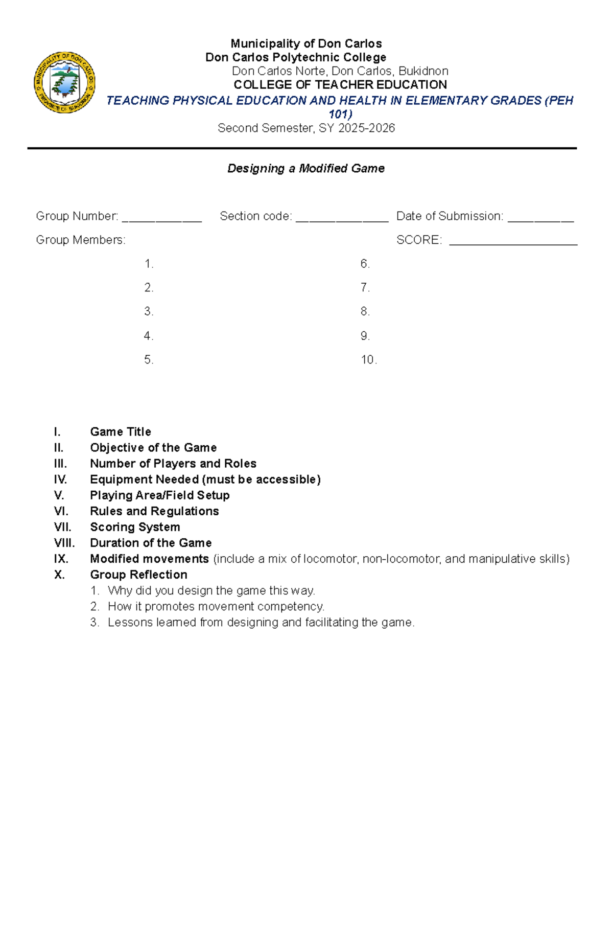 PEH 101: Modified Game Guidelines for Elementary Grades - Studocu