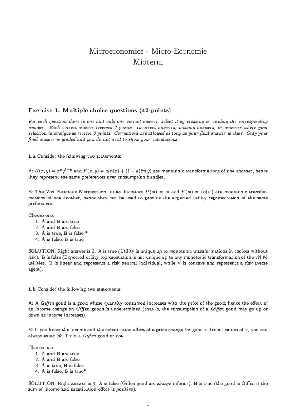 Midterm 2018 Microeconomics Solutions: Complete Answer Guide - Studeersnel