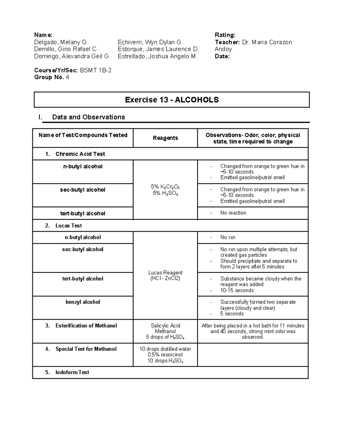 Lab Experiment: Exercise 13 - Alcohols (BSMT 1B-G4) - Studocu