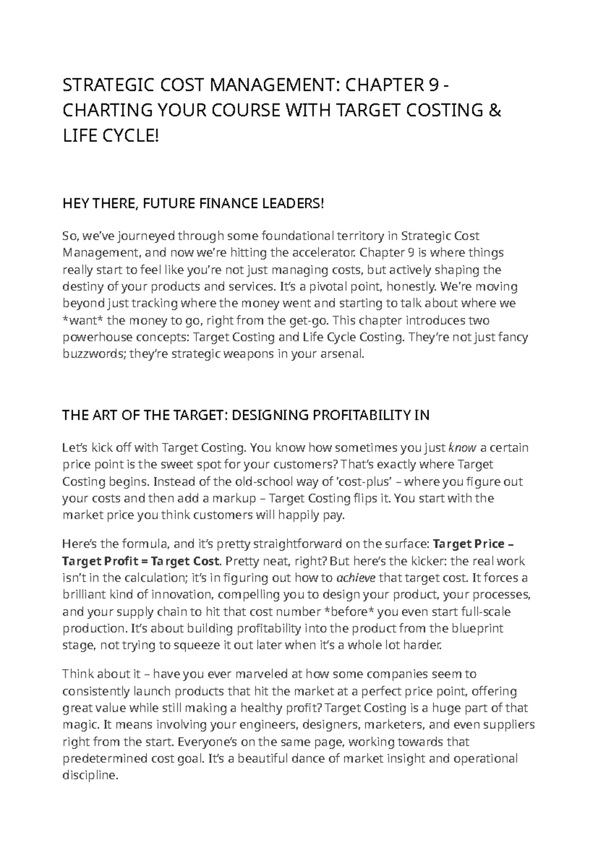 Strategic Cost Management: Chapter 9 Review on Target Costing & LCC ...
