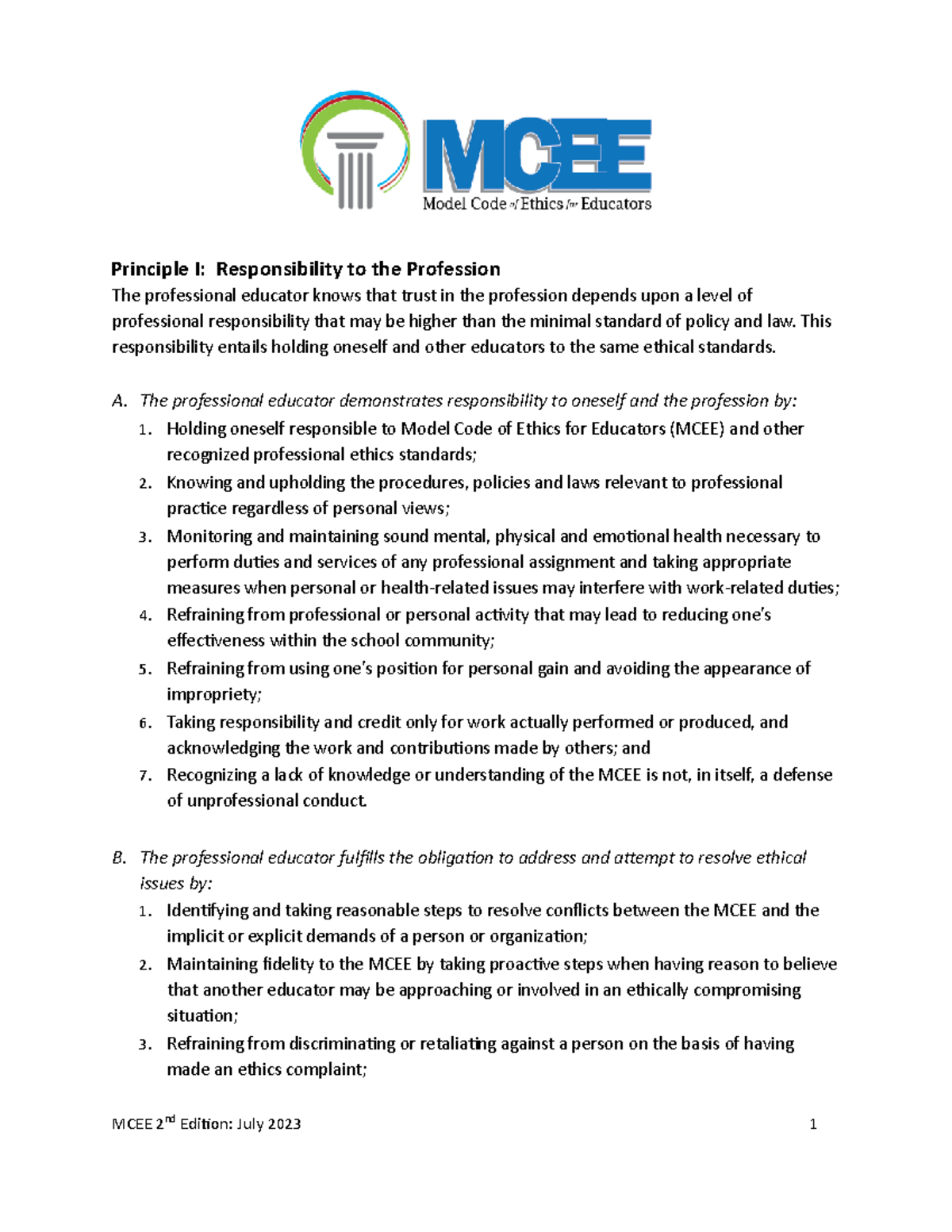 Model Code of Ethics for Educators - Principle I: Responsibility to the ...