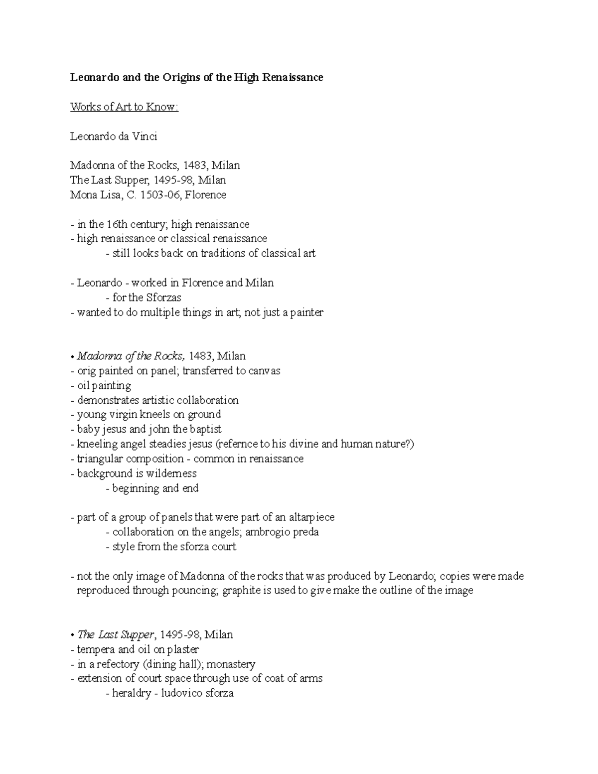 ART 434 Italian Renaissance Final Unit notes - Leonardo and the Origins ...