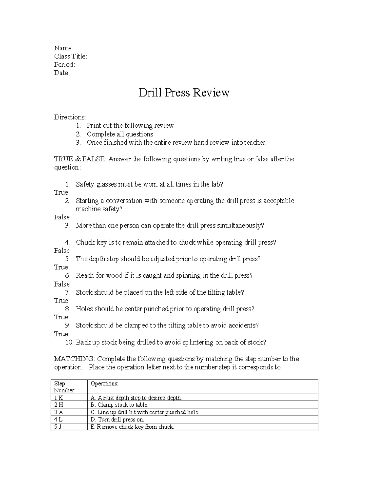 Drill Press Safety Review - Questions & Instructions - Studocu
