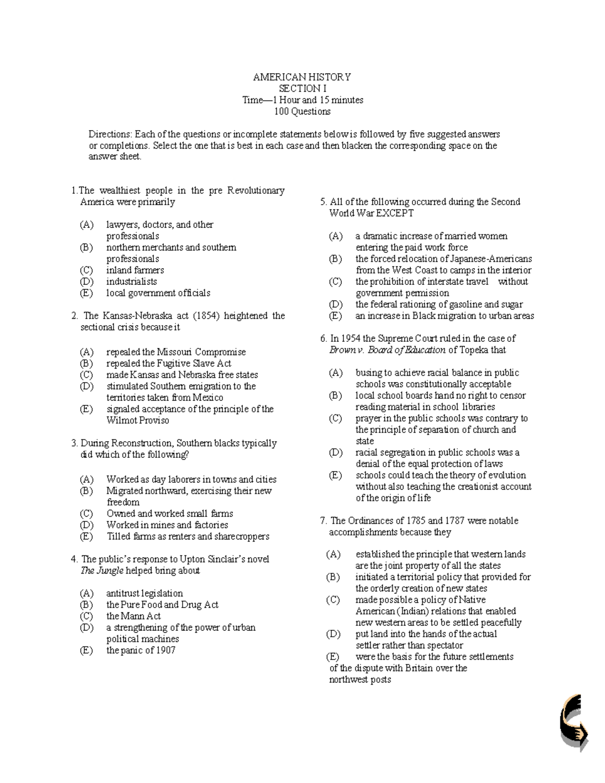 APUSH 1984 Released Multiple Choice Exam - American History Section I ...