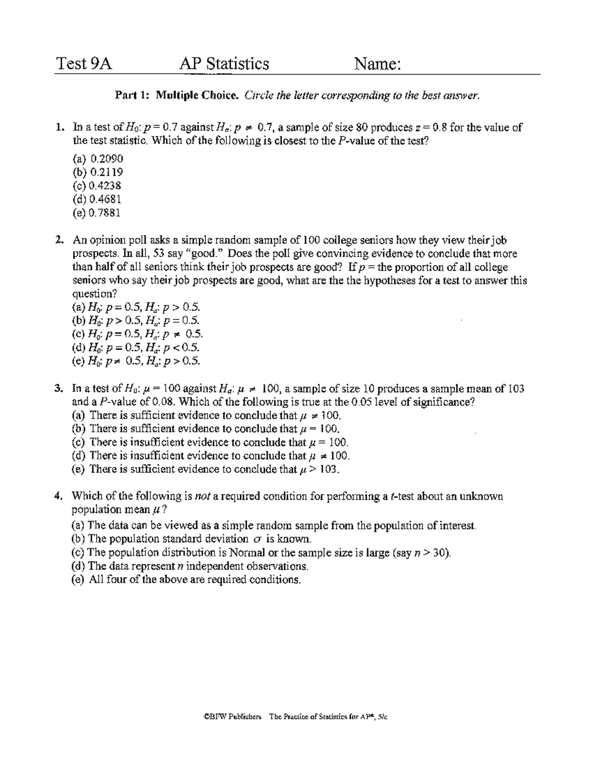 AP+Stats+Ch+9+Practice+Test - STAT 100 - Studocu