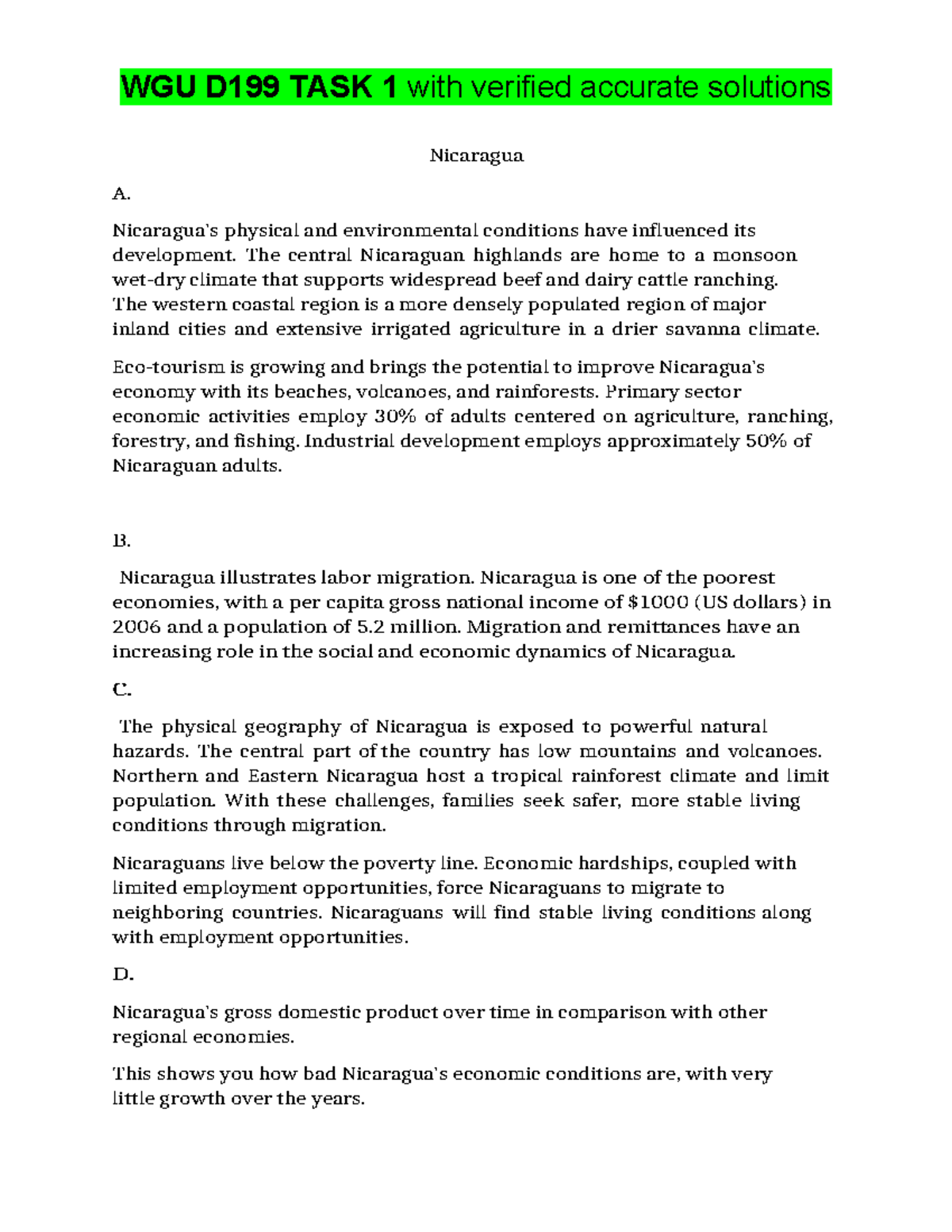 WGU D199 Task 1: Analyzing Nicaragua's Economic and Environmental ...