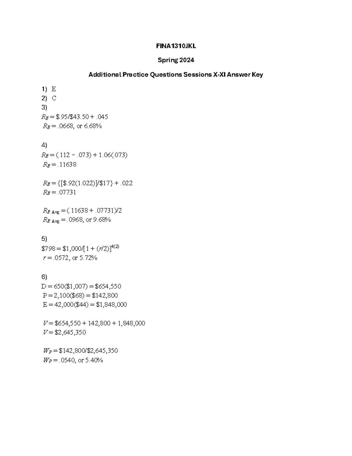 FINA1310 JKL Additional Practice Questions Sessions X-XI (Answer Key ...